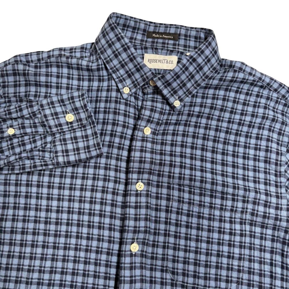 Roosevelt & Co. Mens L Button Down Shirt Long Sleeve Blue Plaid Made‎ in America